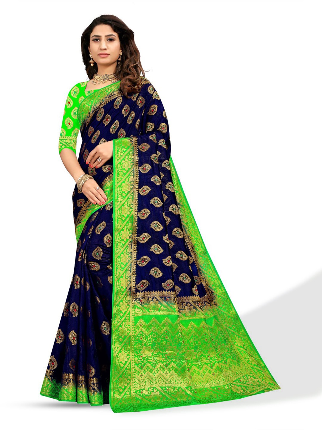 

ZEEPKART Ethnic Motifs Woven Design Zari Kanjeevaram Saree, Blue