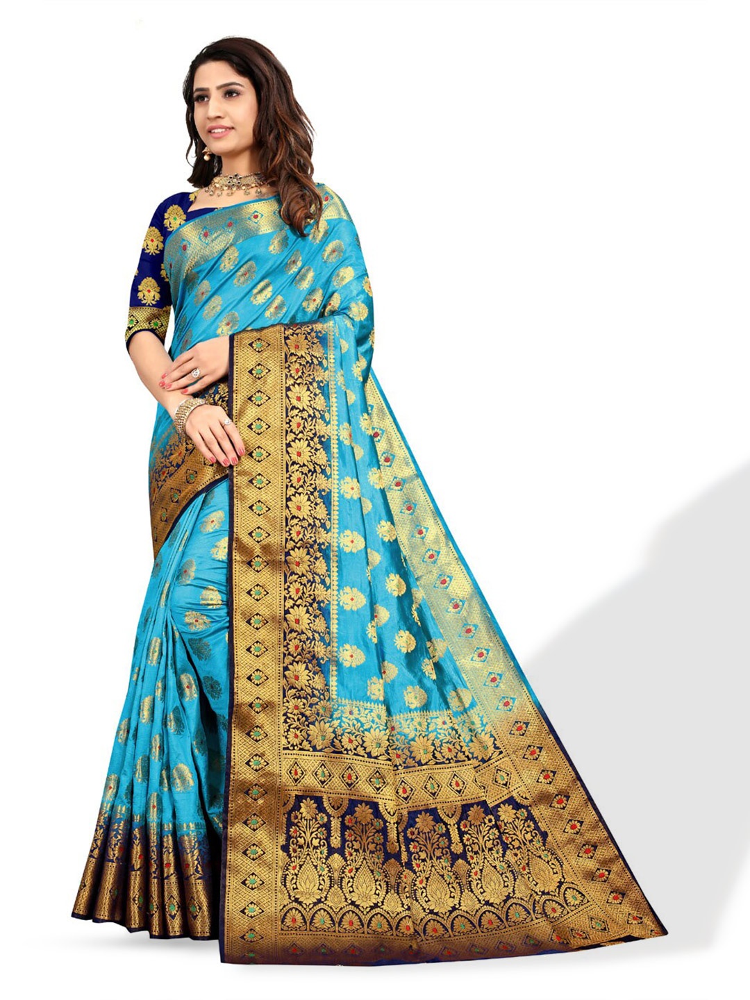 

ZEEPKART Ethnic Motifs Woven Design Poly Silk Kanjeevaram Saree, Blue