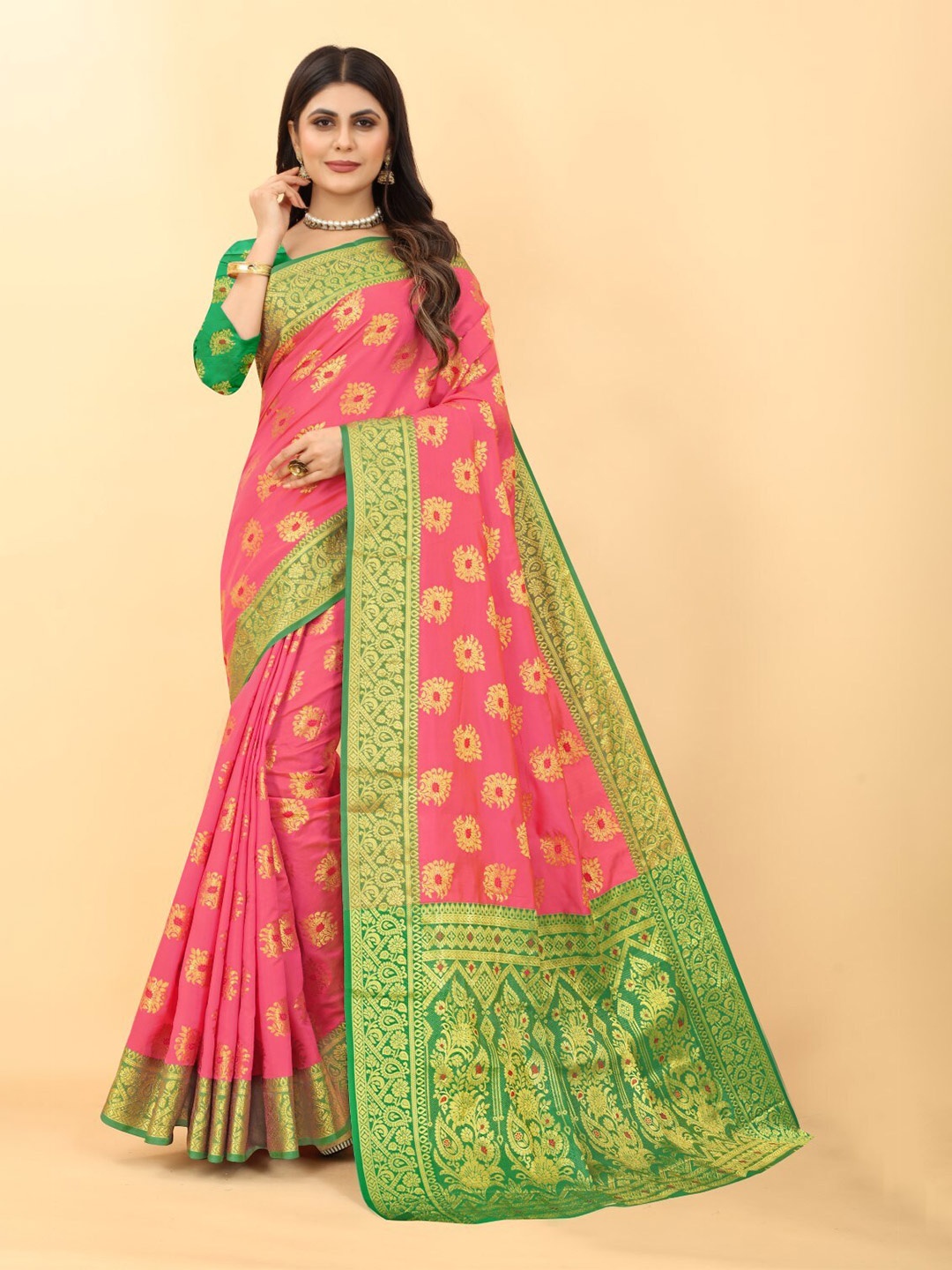 

ZEEPKART Woven Design Zari Kanjeevaram Saree, Pink