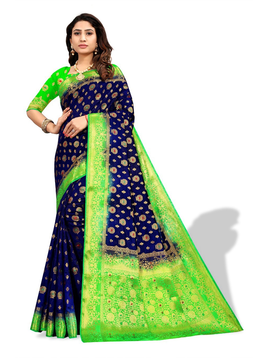 

ZEEPKART Ethnic Motifs Woven Design Zari Poly Silk Saree, Green