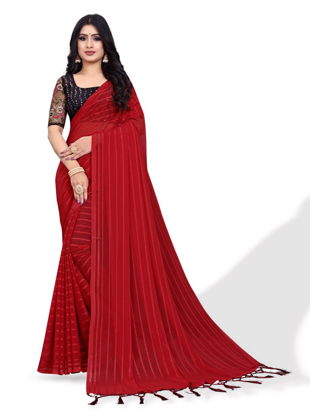 

ZEEPKART Red Striped Saree