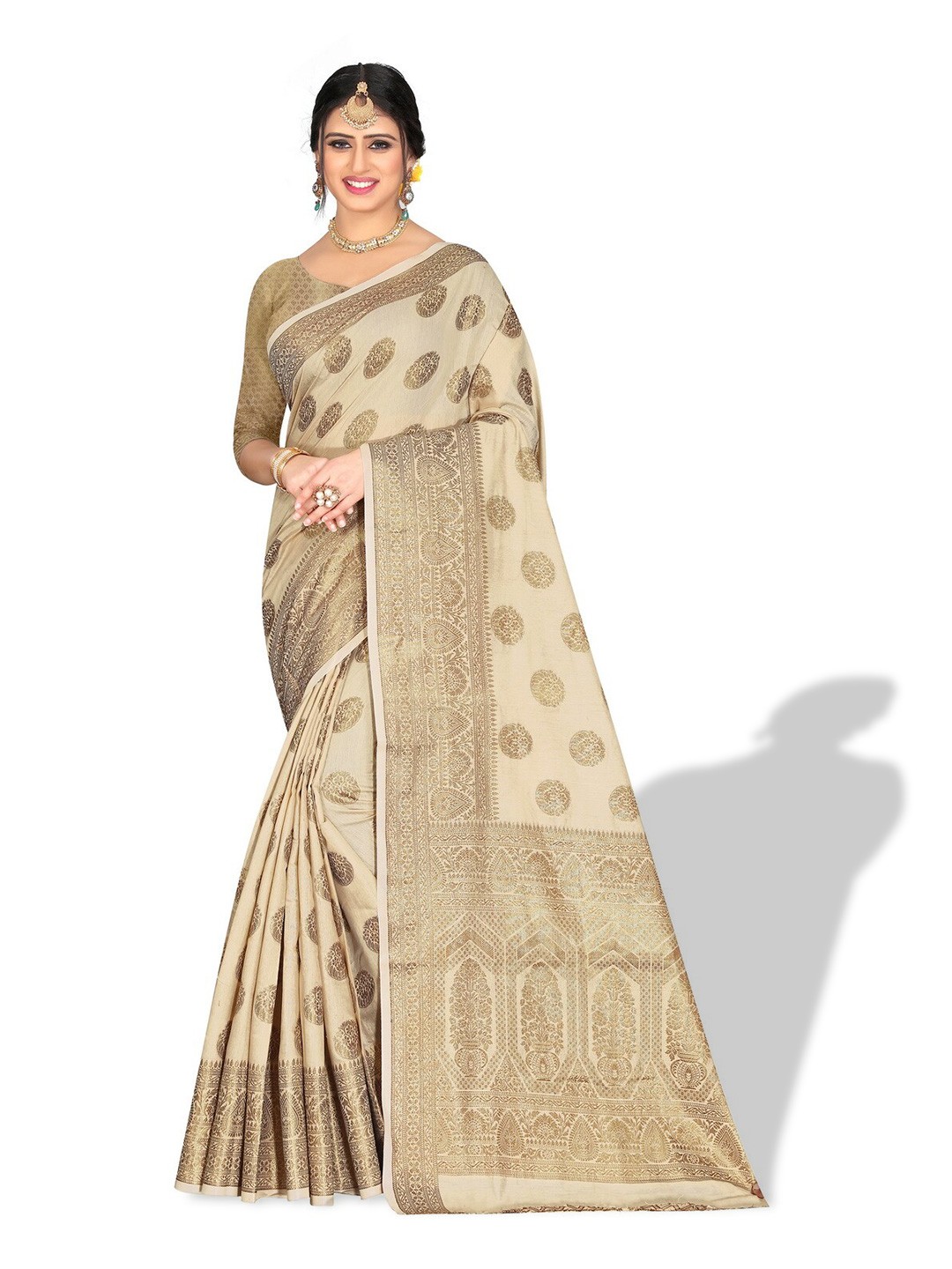 

ZEEPKART Gold-Toned Woven Design Zari Kanjeevaram Saree, Cream