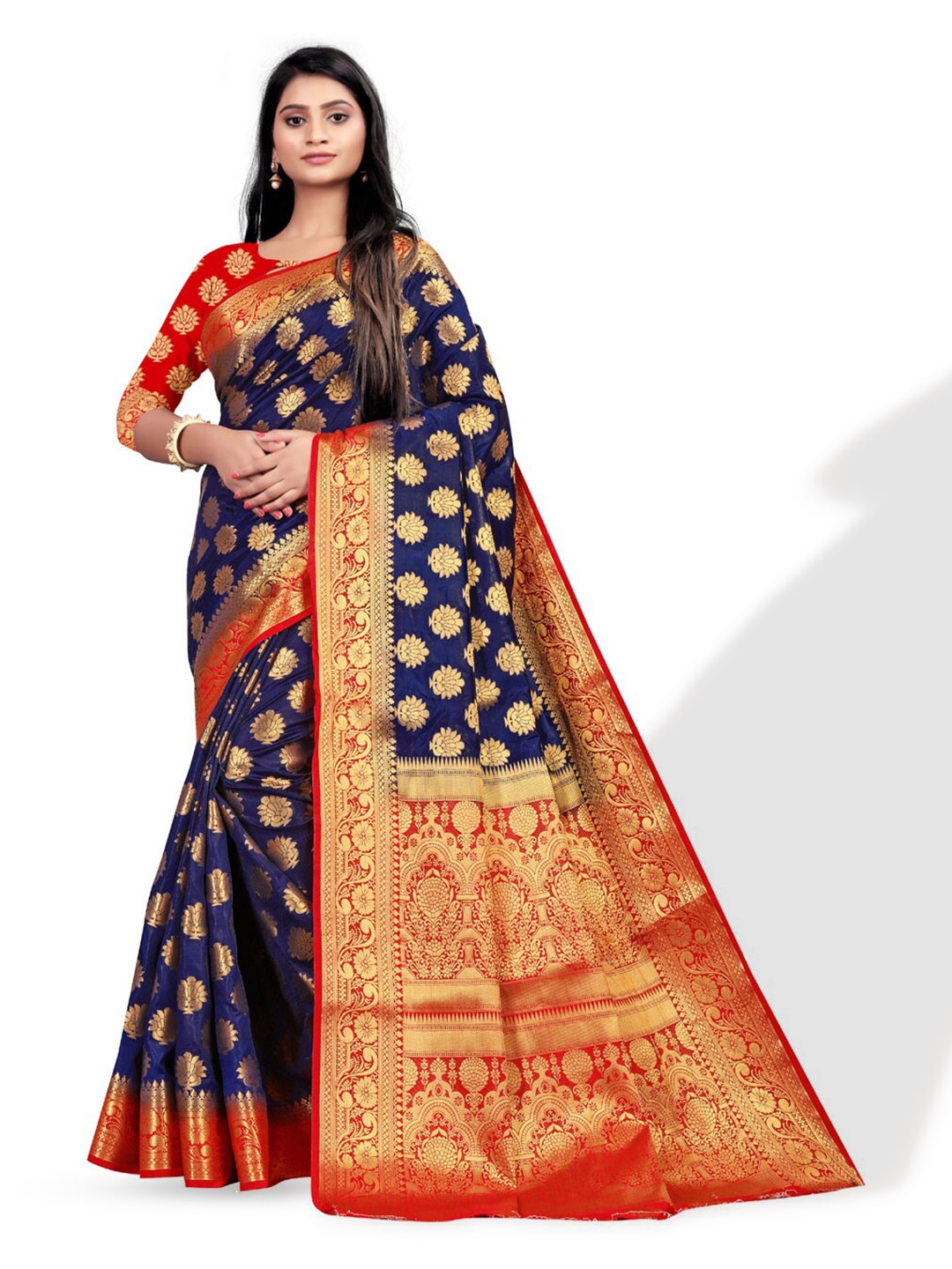 

ZEEPKART Ethnic Motif Woven Design Zari Kanjeevaram Saree, Navy blue