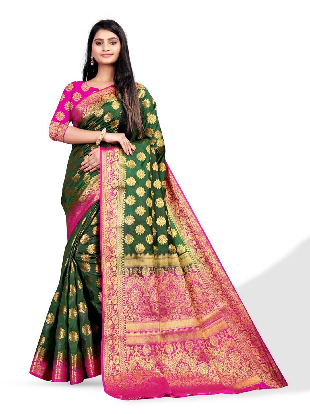 

ZEEPKART Ethnic Motif Woven Design Kanjeevaram Saree, Green