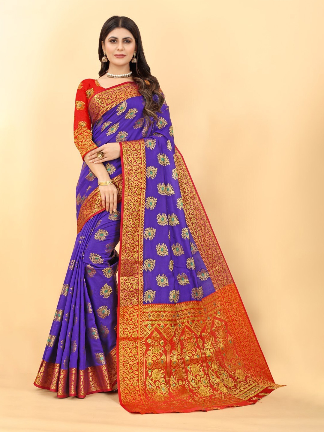 

ZEEPKART Ethnic Motifs Woven Design Zari Kanjeevaram Saree, Blue