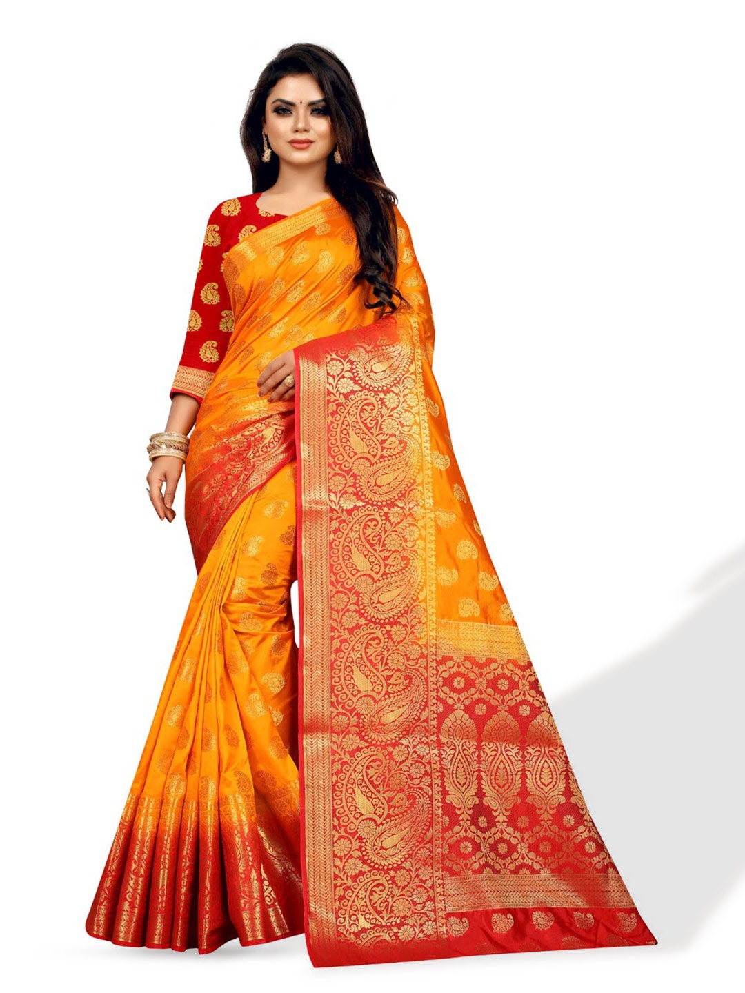 

ZEEPKART Ethnic Motifs Woven Design Zari Kanjeevaram Saree, Gold