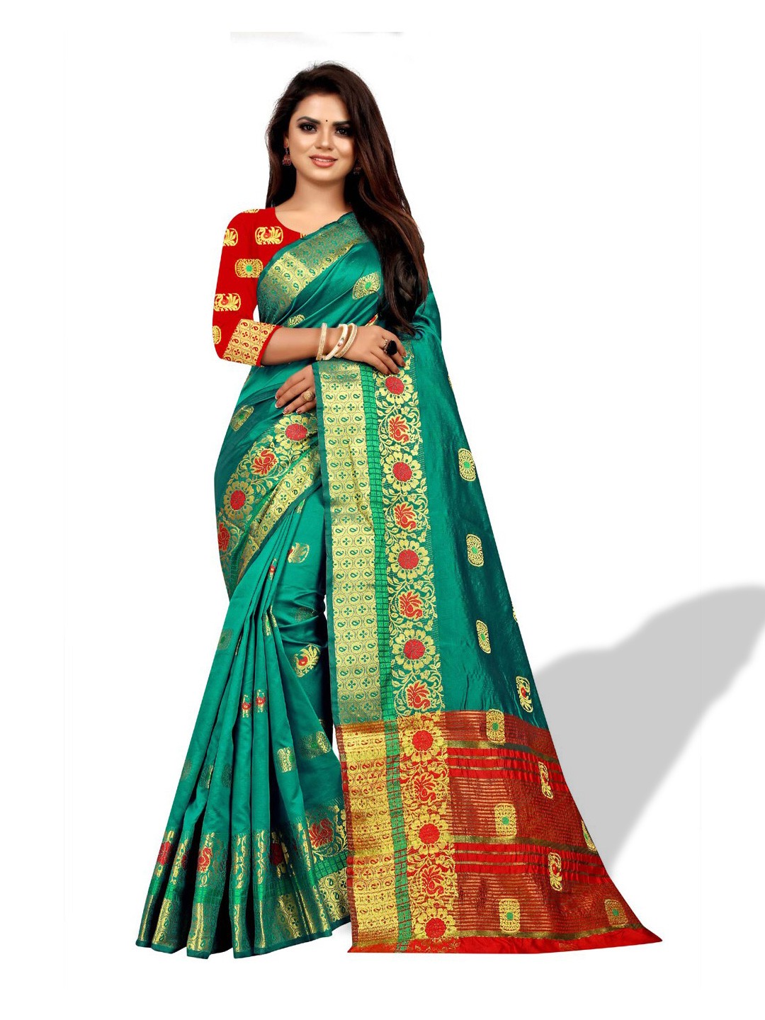 

ZEEPKART Ethnic Motifs Zari Kanjeevaram Saree, Green