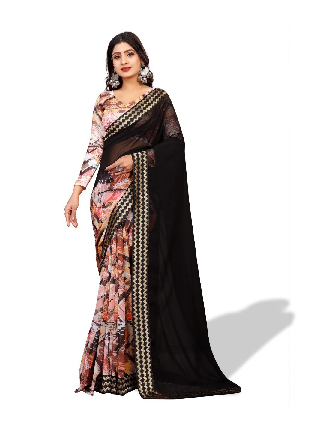 

ZEEPKART Abstract Printed Zari Poly Silk Saree, Black