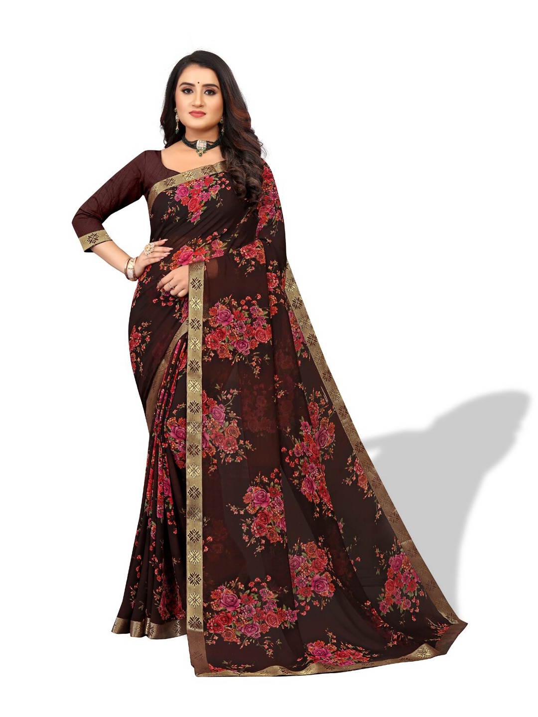

ZEEPKART Floral Printed Zari Kanjeevaram Saree, Brown