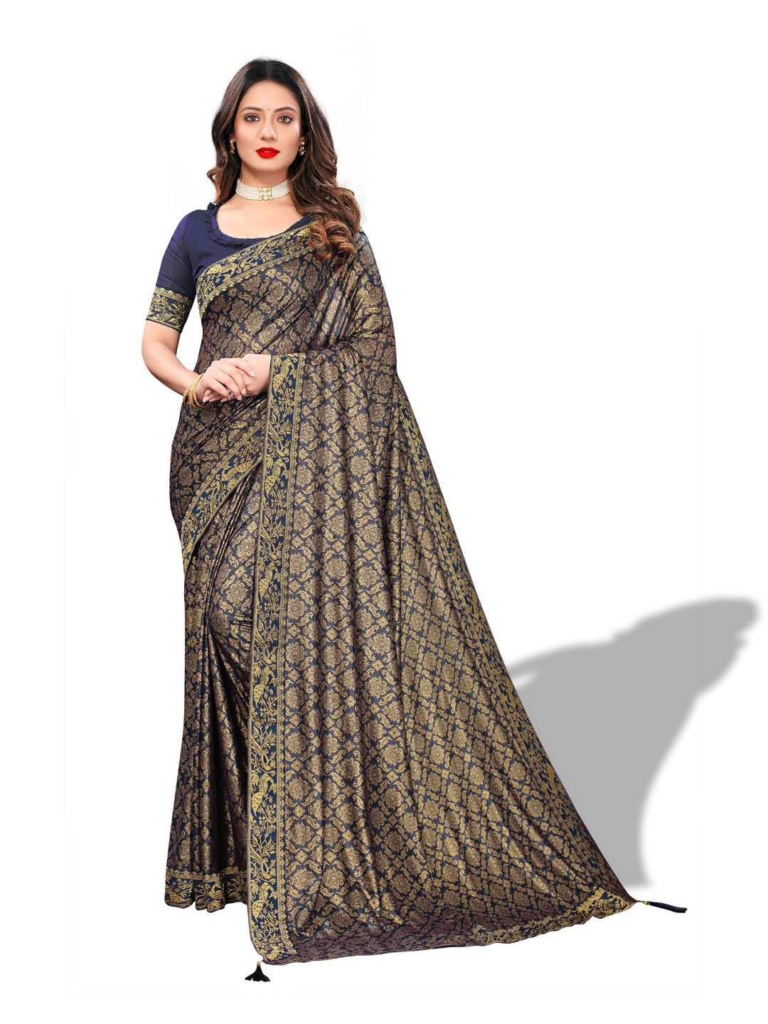 

ZEEPKART Ethnic Motifs Woven Design Zari Saree, Navy blue