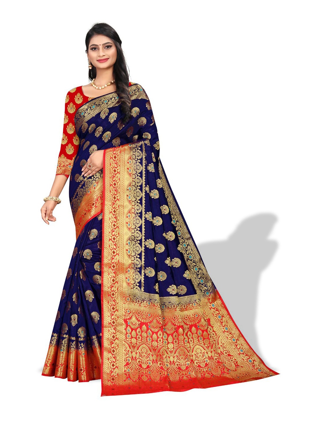 

ZEEPKART Ethnic Motif Woven Design Zari Kanjeevaram Saree, Navy blue