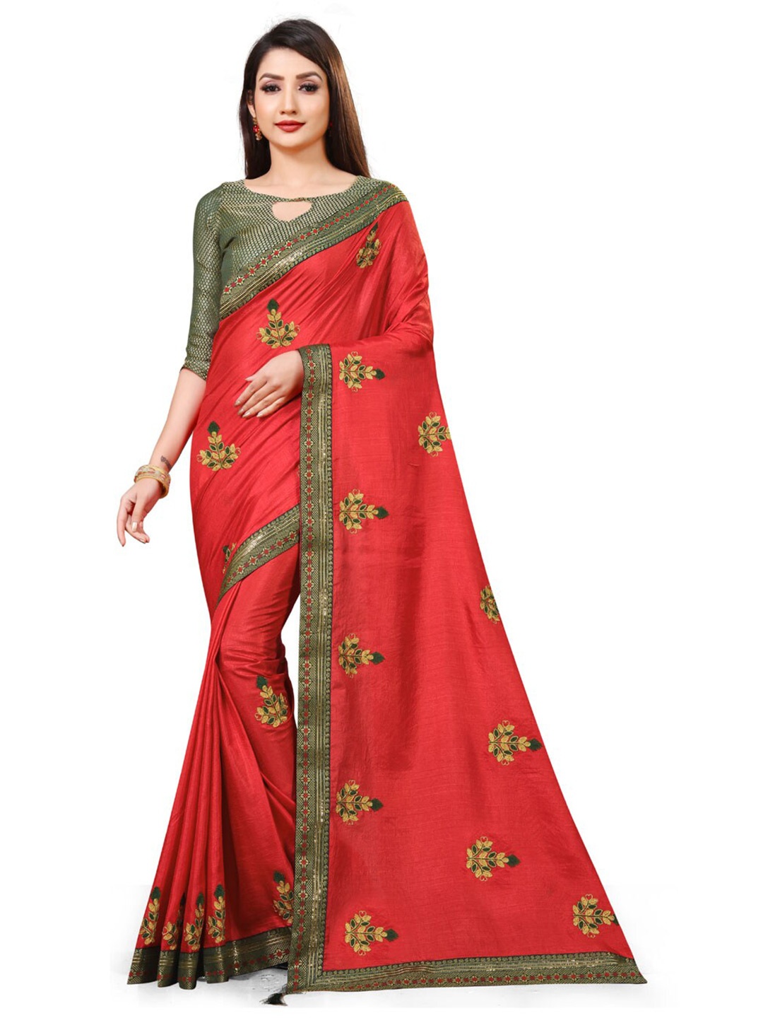 

ZEEPKART Floral Woven Design Zari Kanjeevaram Saree, Red
