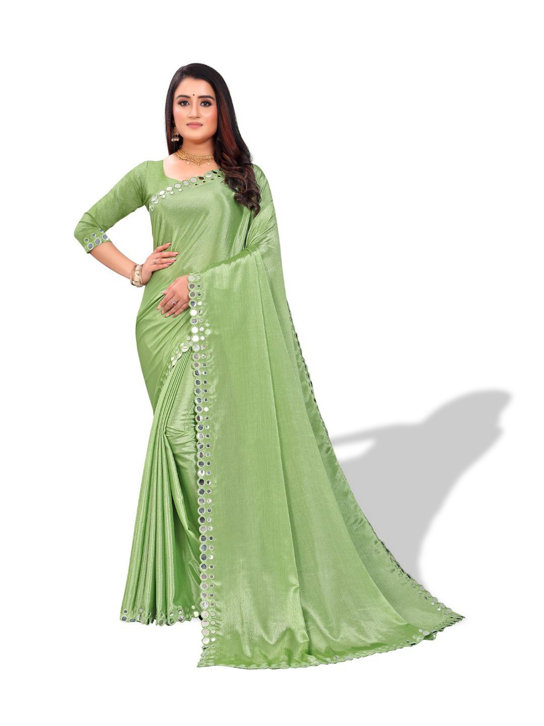 

ZEEPKART Embellished Mirror Work Kanjeevaram Saree, Green