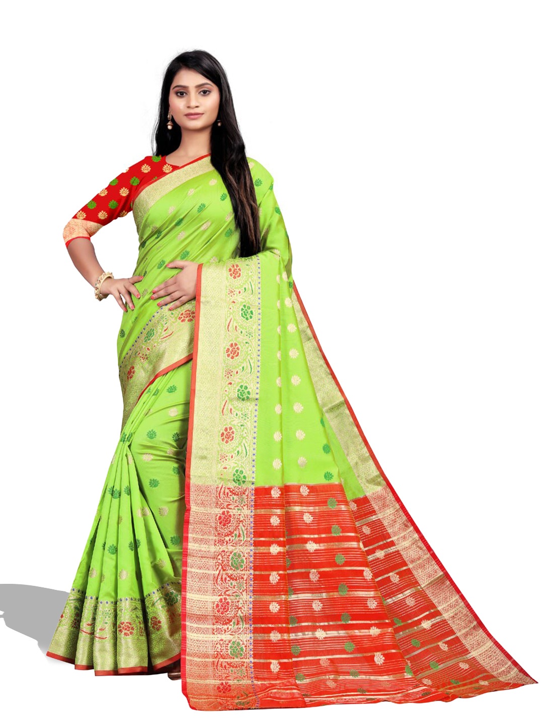 

ZEEPKART Floral Woven Design Zari Kanjeevaram Saree, Green