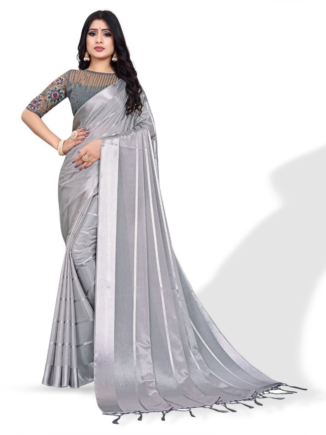 

ZEEPKART Striped Kanjeevaram Saree With Tassel, Grey