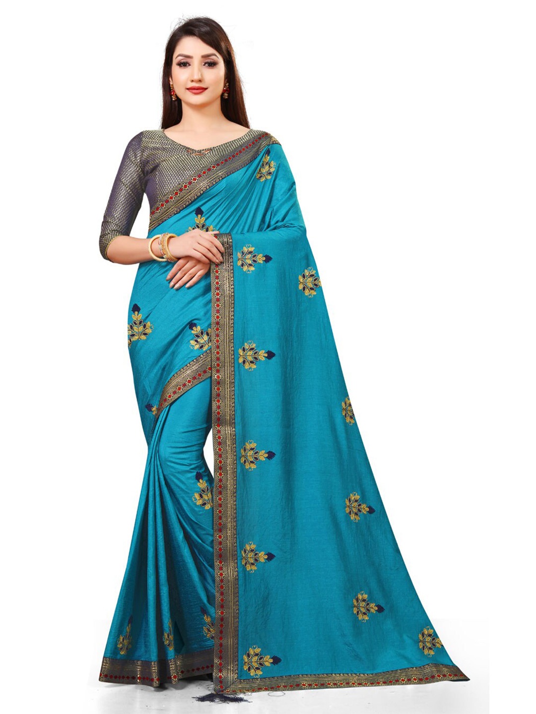 

ZEEPKART Floral Embroidered Kanjeevaram Saree, Blue
