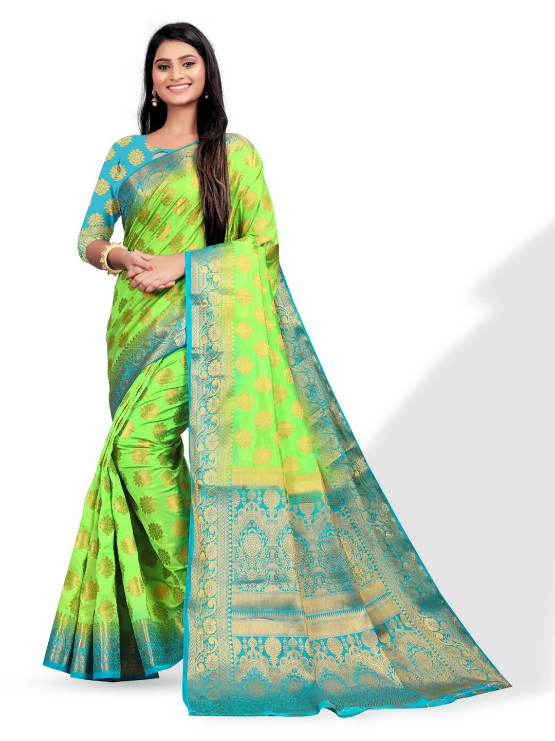 

ZEEPKART Ethnic Motifs Woven Design Zari Kanjeevaram Saree, Green