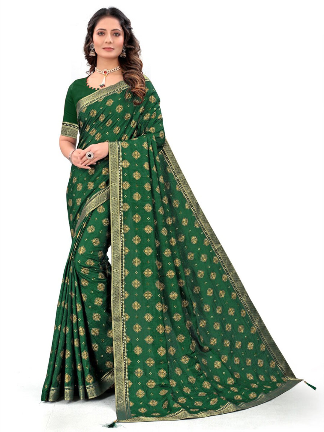 

ZEEPKART Floral Woven Design Poly Silk Kanjeevaram Saree, Green