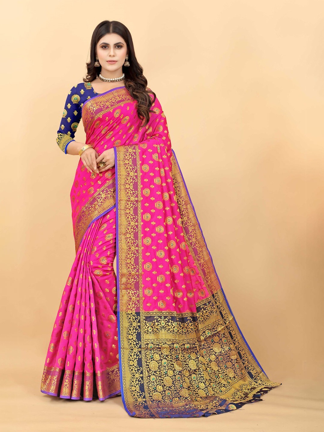 

ZEEPKART Ethnic Motifs Woven Design Zari Kanjeevaram Saree, Pink