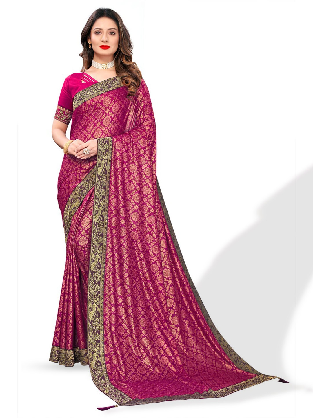 

ZEEPKART Ethnic Motifs Printed Woven Design Border Zari Saree, Purple