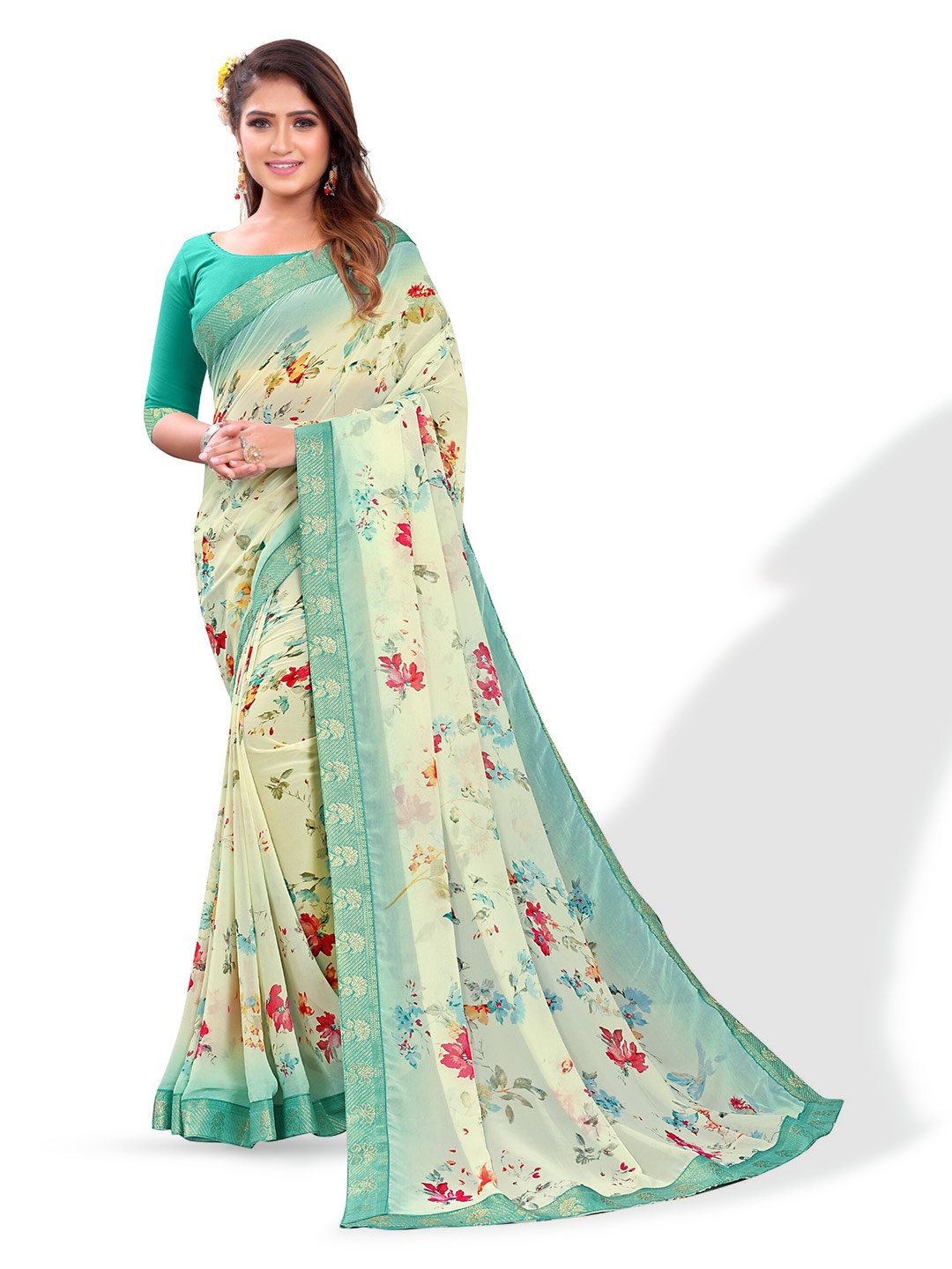 

ZEEPKART Floral Printed Zari Poly Silk Saree, Blue