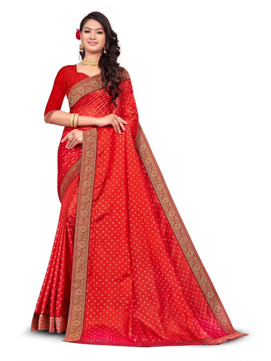 

ZEEPKART Geometric Printed Zari Kanjeevaram Saree, Red