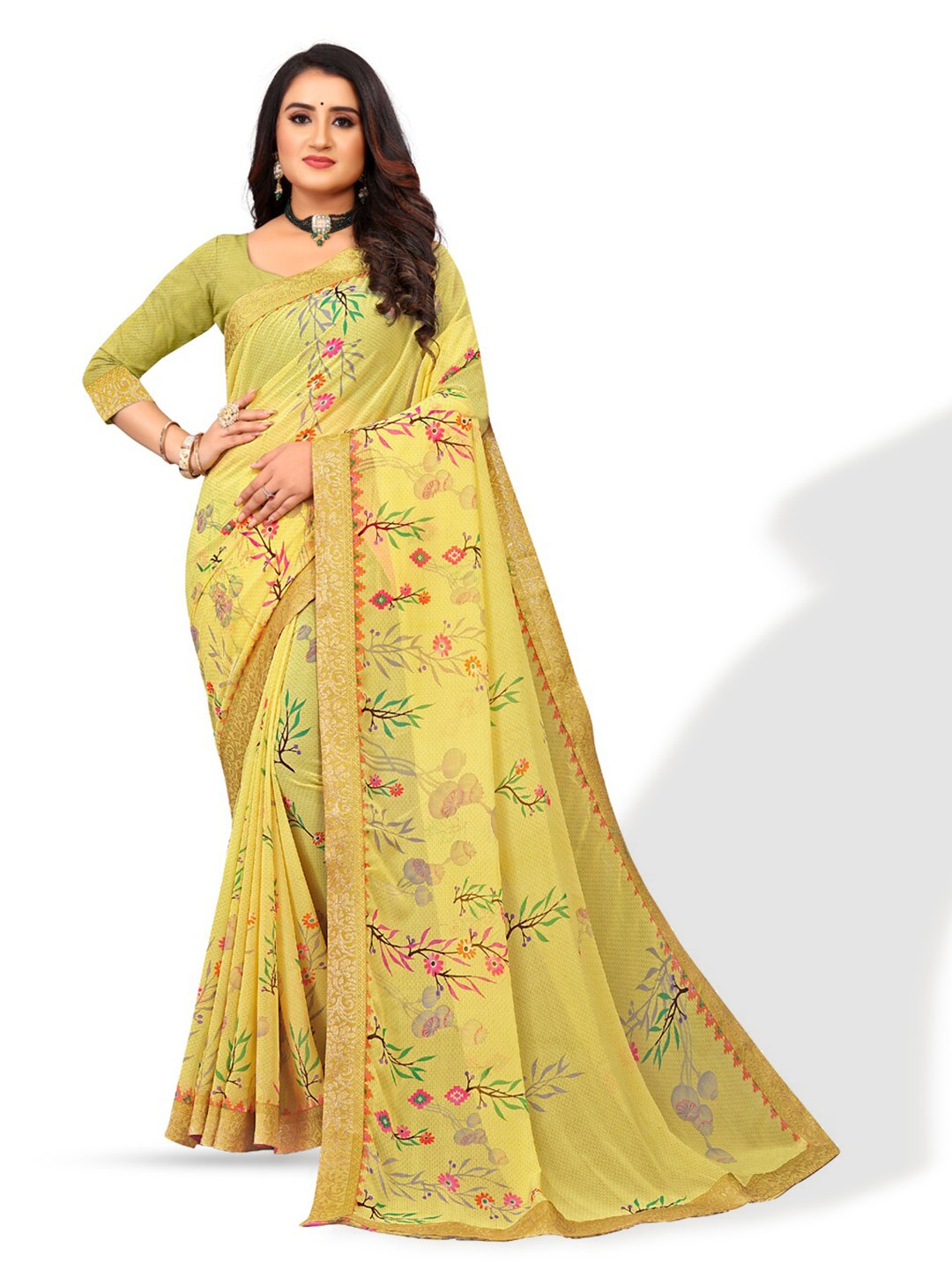 

ZEEPKART Floral Printed Zari Saree, Yellow