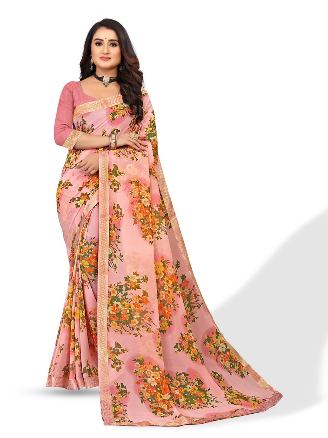 

ZEEPKART Floral Kanjeevaram Zari Saree, Pink