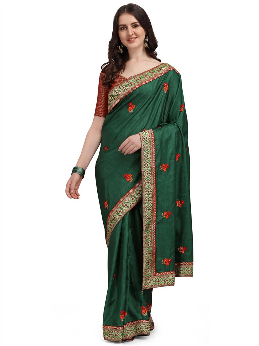 

ZEEPKART Floral Embroidered Zari Kanjeevaram Saree, Green