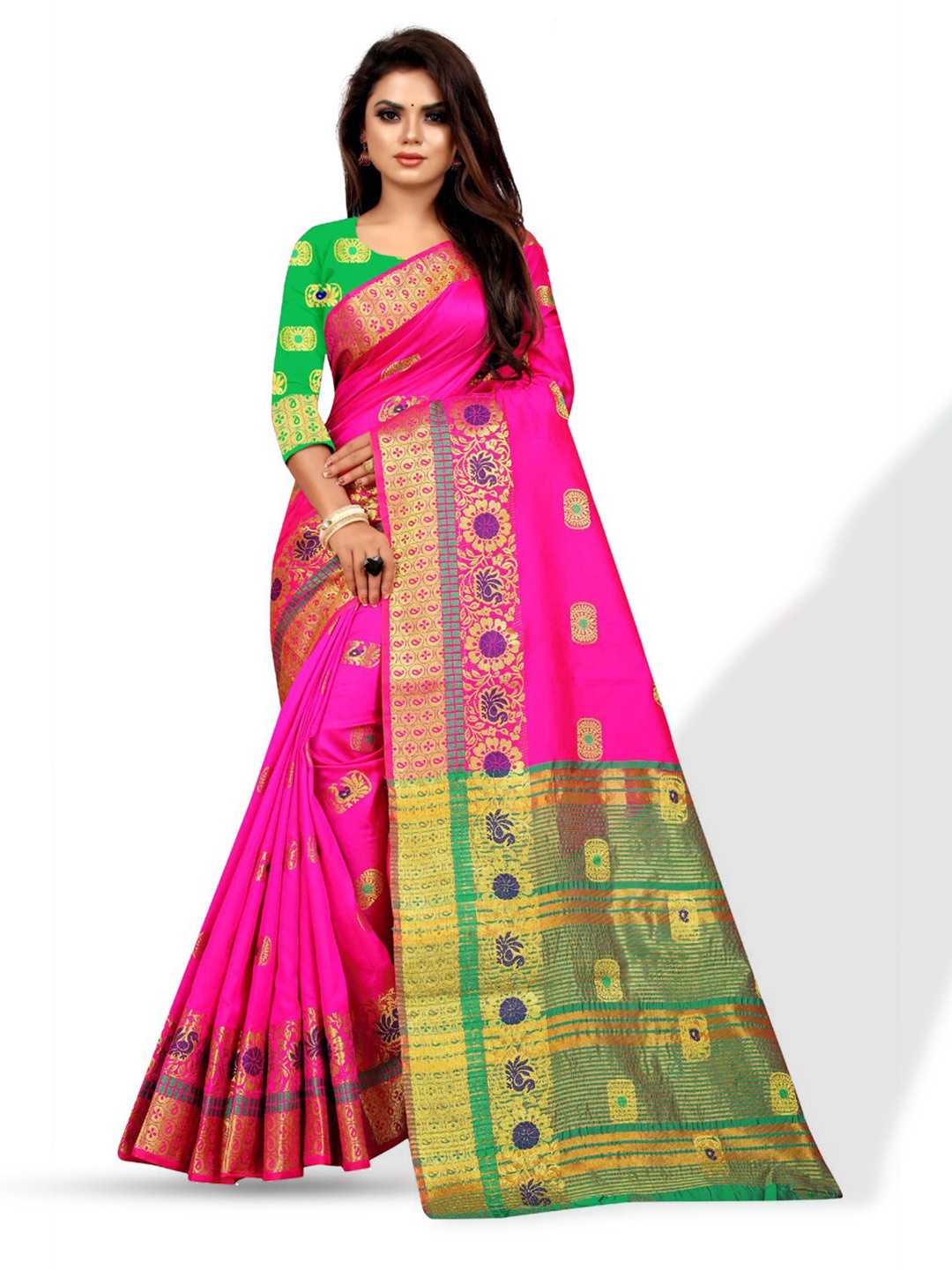 

ZEEPKART Ethnic Motifs Woven Design Zari Kanjeevaram Saree, Pink