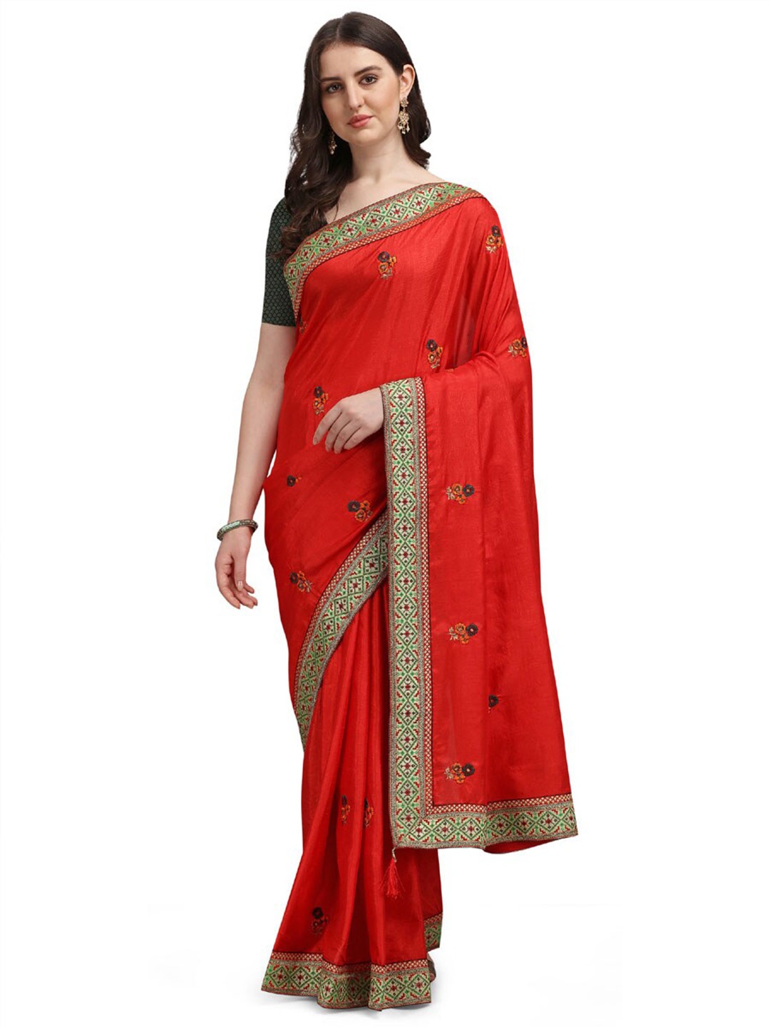 

ZEEPKART Floral Embroidered Saree, Red