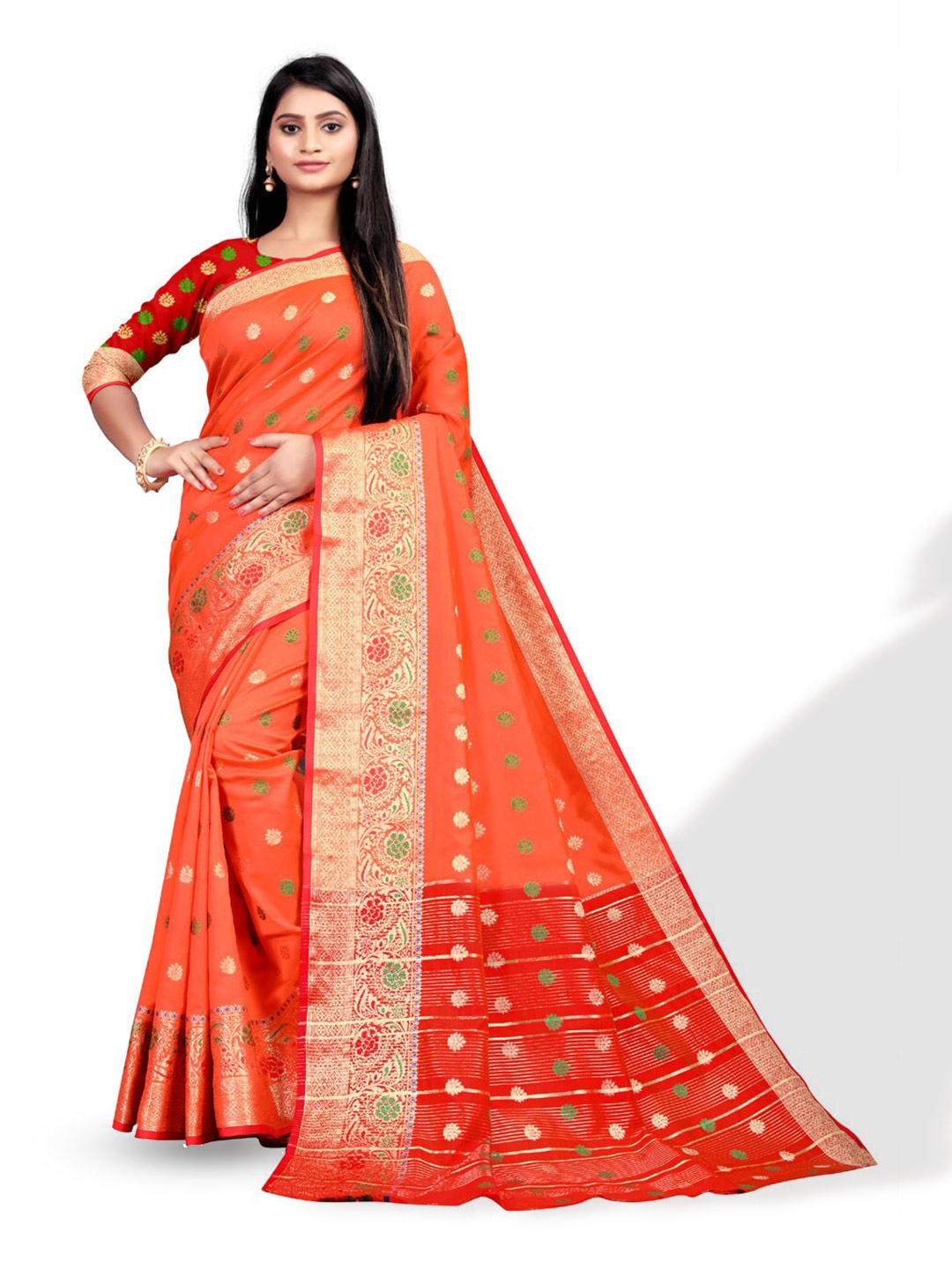 

ZEEPKART Floral Woven Design Zari Kanjeevaram Saree, Orange