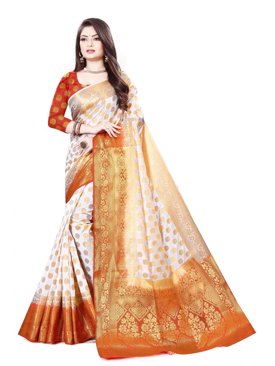 

ZEEPKART Ethnic Motifs Woven Design Zari Kanjeevaram Saree, White