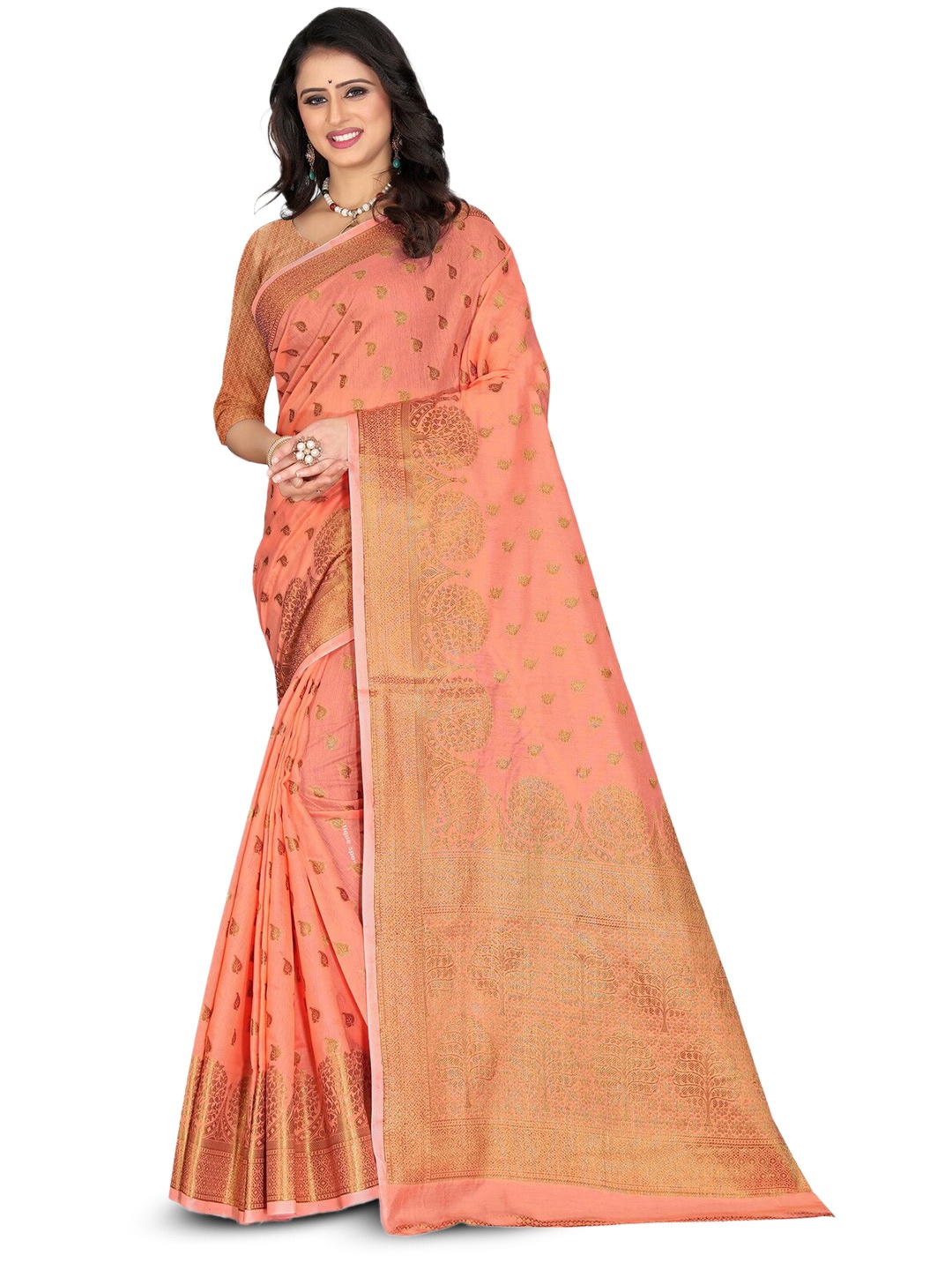 

ZEEPKART Ethnic Motifs Woven Design Zari Kanjeevaram Saree, Peach