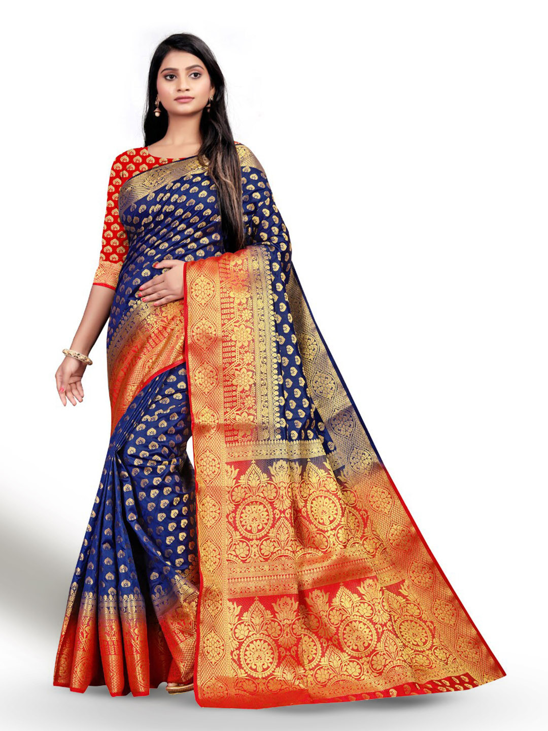 

ZEEPKART Ethnic Motifs Woven Design Zari Kanjeevaram Saree, Blue