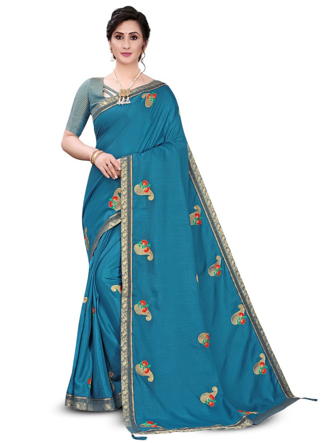 

ZEEPKART Floral Embroidered Zari Poly Cotton Kanjeevaram Saree, Blue