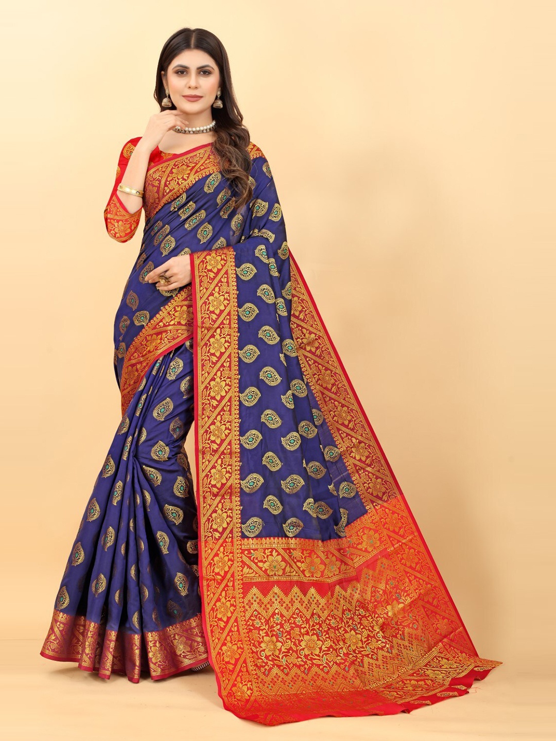 

ZEEPKART Ethnic Motifs Woven Design Zari Kanjeevaram Saree, Blue