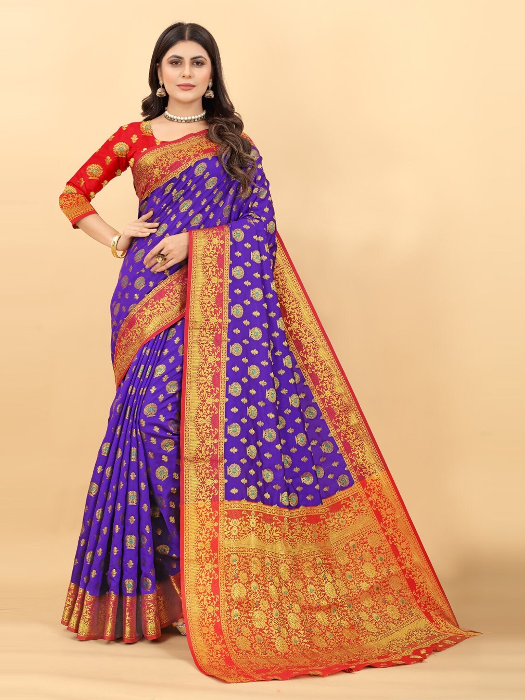 

ZEEPKART Ethnic Motifs Woven Design Zari Kanjeevaram Saree, Blue