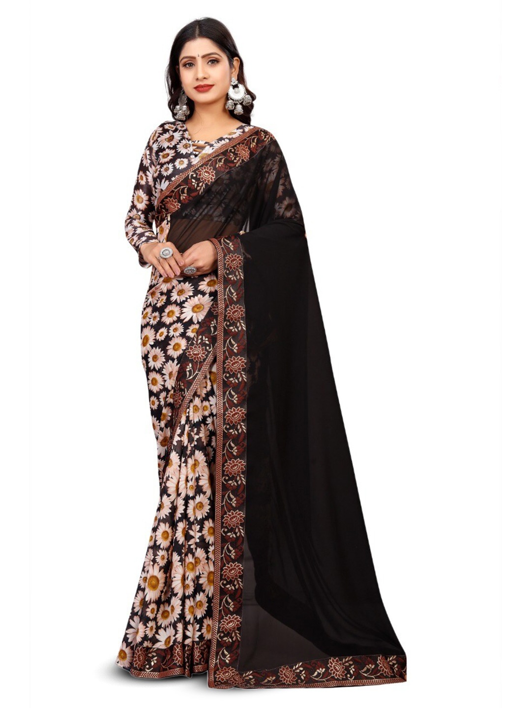 

ZEEPKART Floral Printed Half and Half Saree, Black
