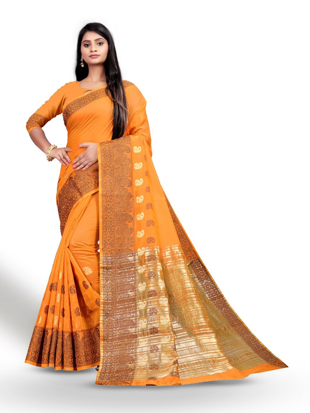 

ZEEPKART Woven Design Zari Kanjeevaram Saree, Orange