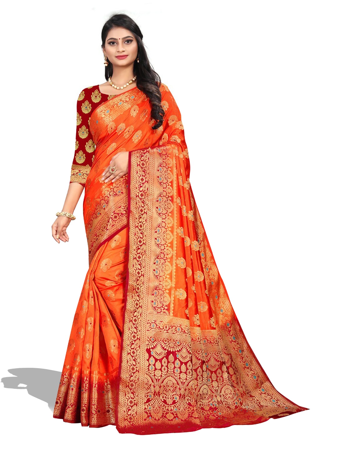 

ZEEPKART Ethnic Woven Design Zari Kanjeevaram Saree, Orange