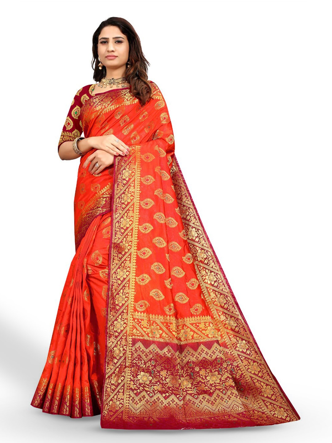 

ZEEPKART Ethnic Motifs Woven Design Zari Kanjeevaram Saree, Orange