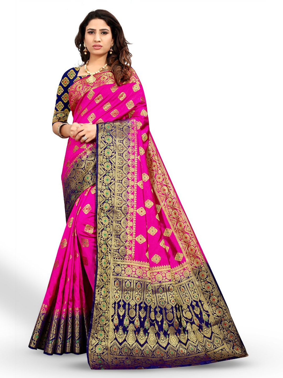 

ZEEPKART Ethnic Motif Woven Design Zari Kanjeevaram Saree, Pink