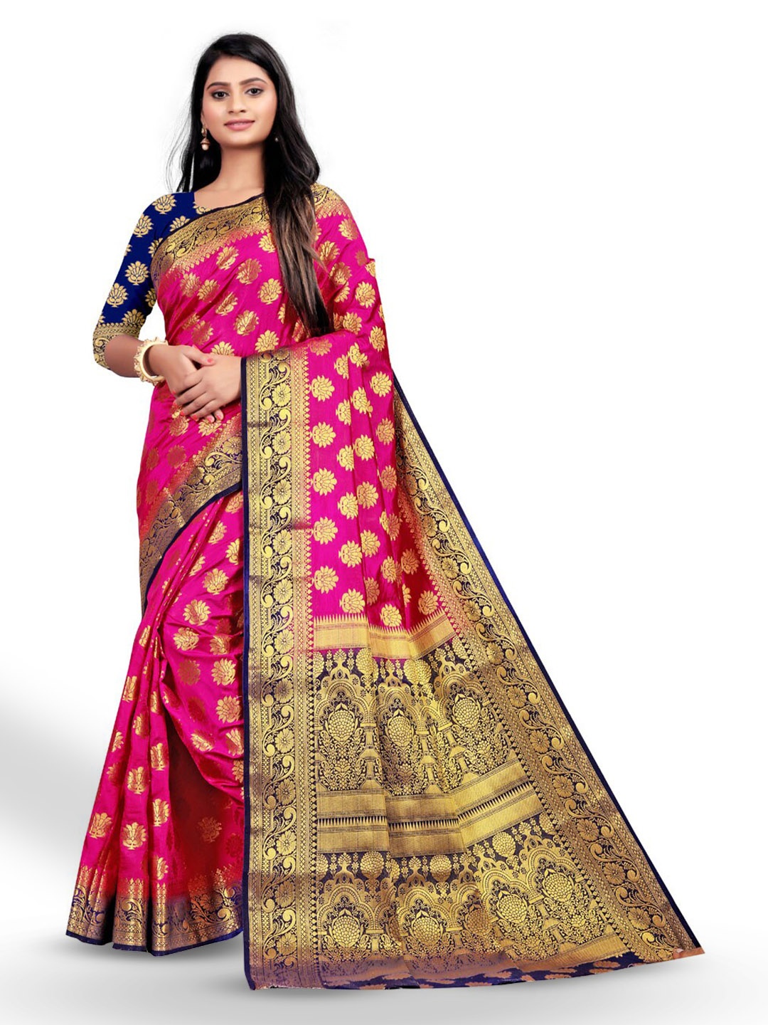 

ZEEPKART Ethnic Motifs Woven Design Zari Kanjeevaram Saree, Pink