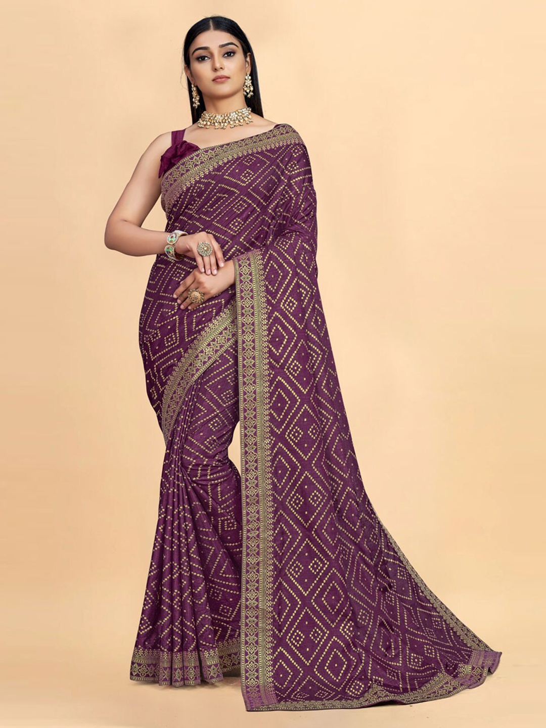 

ZEEPKART Bandhani Printed Zari Kanjeevaram Saree, Purple