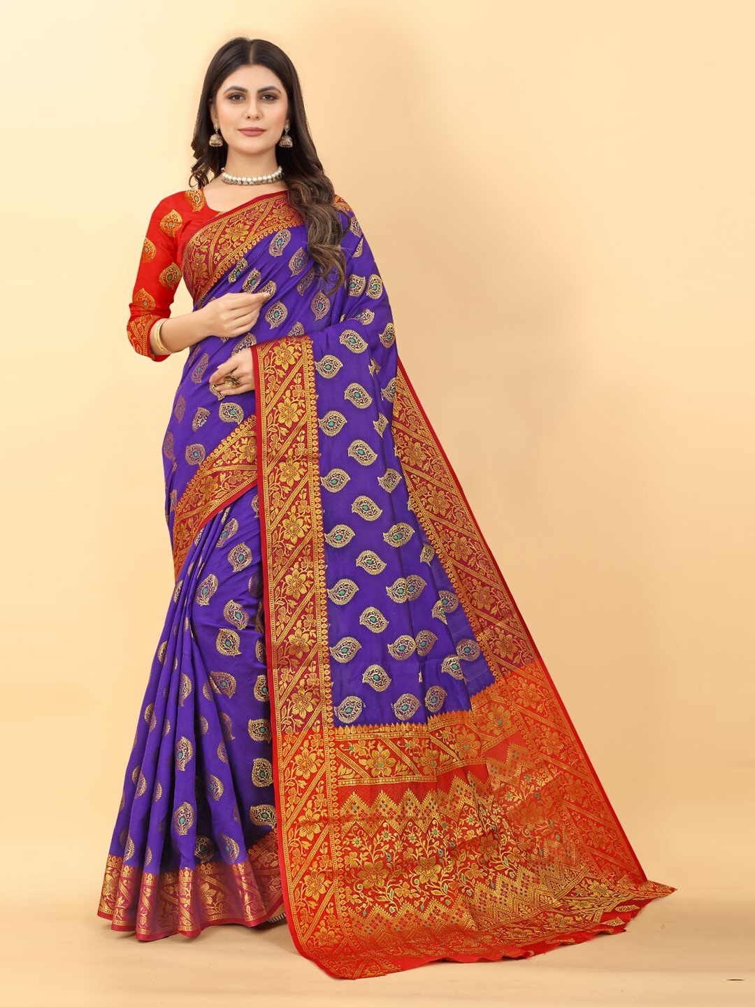 

ZEEPKART Ethnic Motifs Woven Design Zari Kanjeevaram Saree, Blue