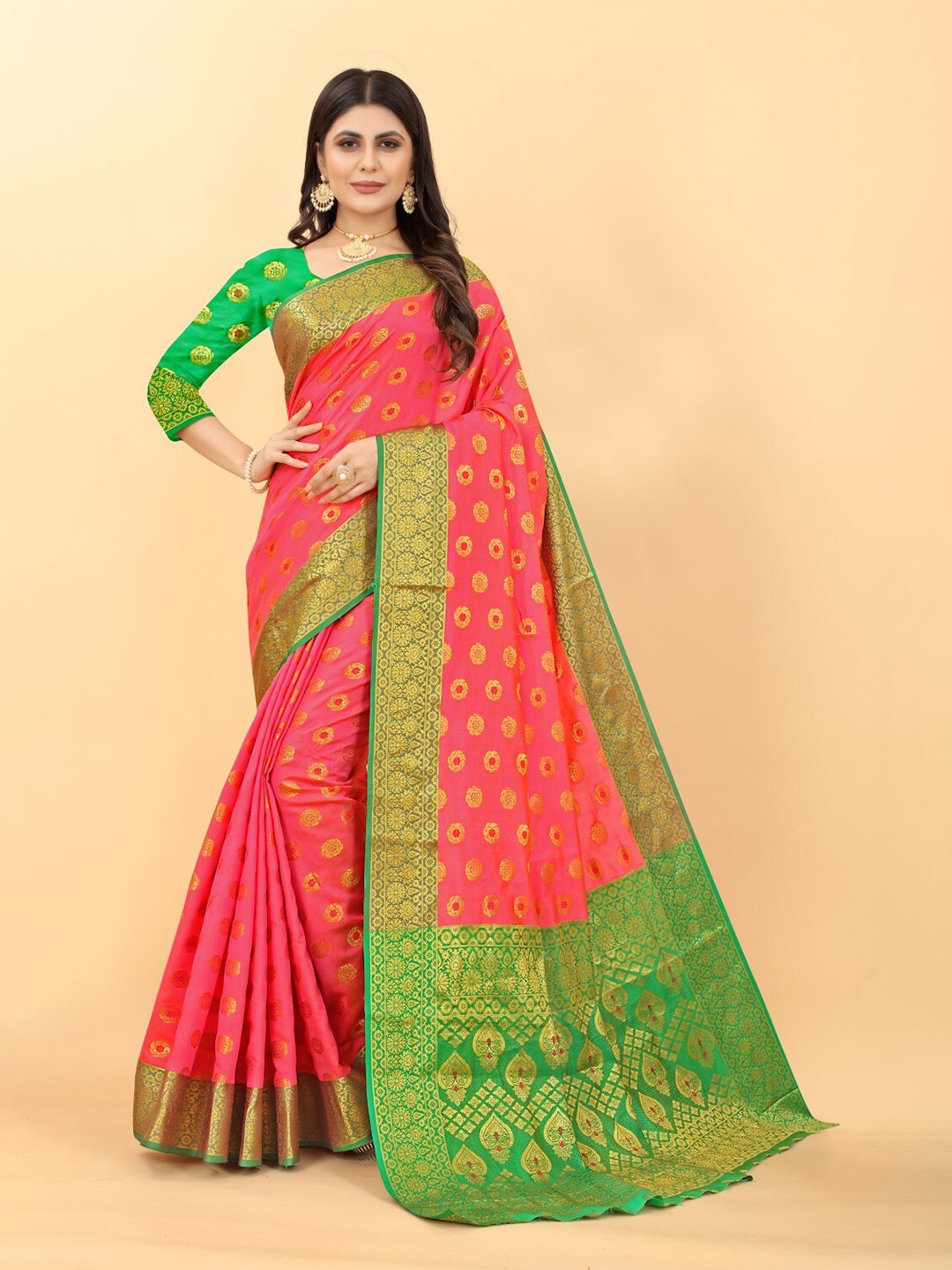

ZEEPKART Floral Woven Design Zari Kanjeevaram Saree, Pink