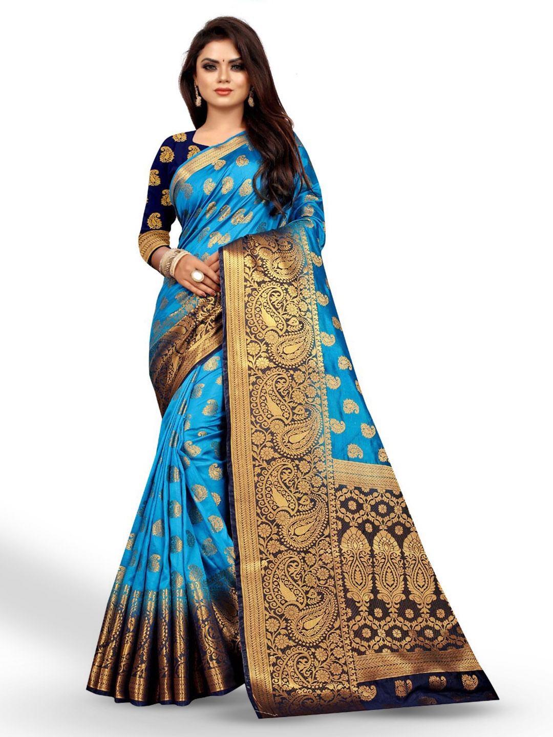 

ZEEPKART Paisley Motif Woven Design Kanjeevaram Saree, Blue