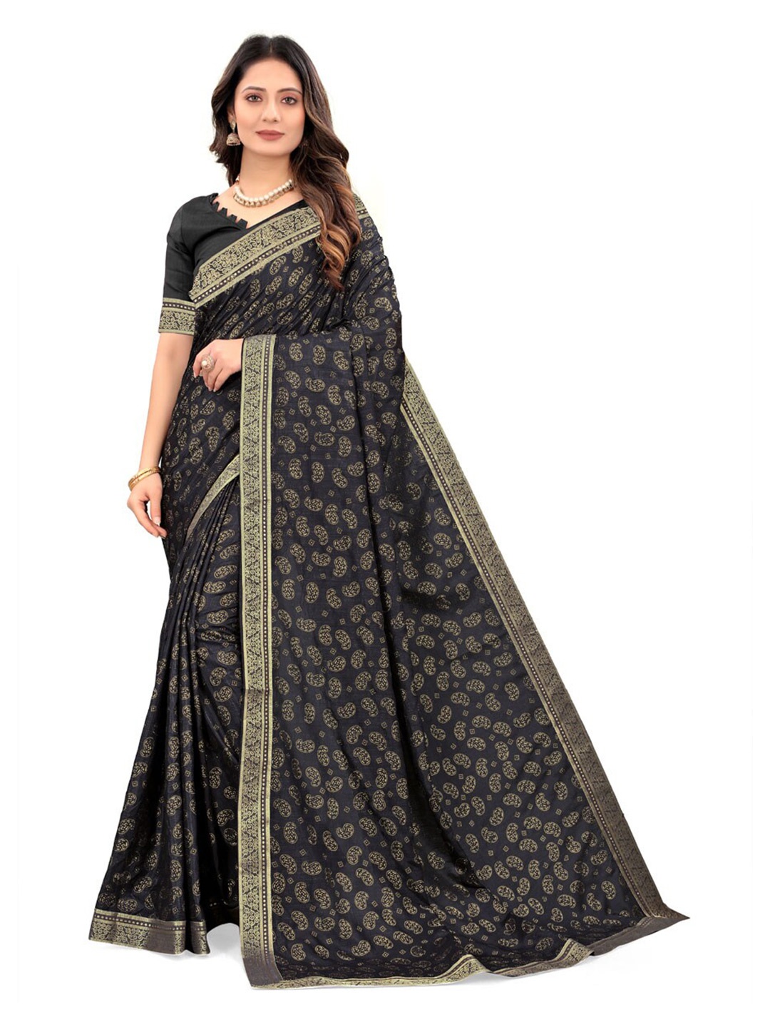

ZEEPKART Grey & Gold-Toned Woven Design Zari Kanjeevaram Saree