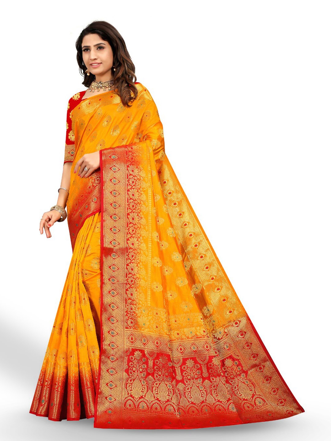 

ZEEPKART Ethnic Motifs Woven Design Zari Kanjeevaram Saree, Orange
